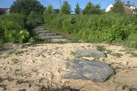Stone Path Leading Through Sandy Shoreline and Green Vegetation Stock Photos