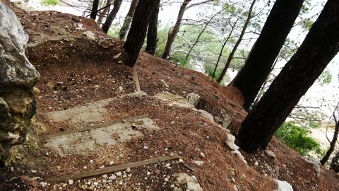 Stone path to the mountain with bushes and trees around, along coastline, vie Stock Footage 96157777