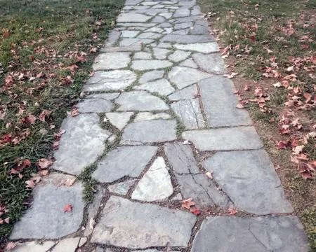 Stone path set in leaf strewn lawn Stock Photos