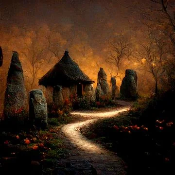 Stone Path Stone House Spooky Mystical Village Halloween Background Stock Illustration