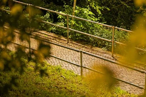 Stone path with twin handrails climbing uphill through trees Stock Photos
