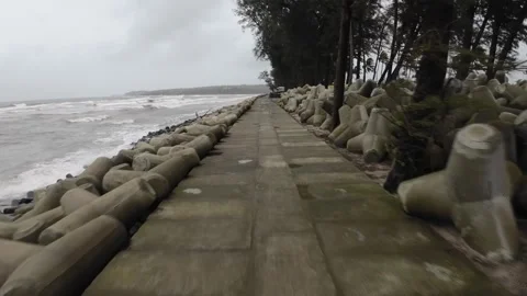 Stone Path Way At Beach Shore Line With Concrete Blocks Row And Trees Stock Footage 280566582