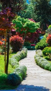 A stone path winding through a lush garden with colorful trees and manicured  Stock Photos