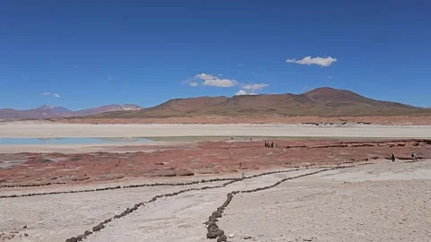 Stone Paths through Cracked Salt Crust, Piedras Rojas, Atacama, Chile 8K Video stock 331540493