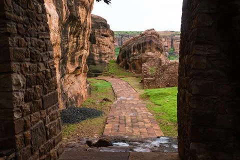 Stone pathway built between hills of Badami,karnataka Stock Photos