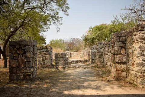 Stone Pathway Leading Through Ancient Open Fort Historic Architecture 스톡 사진