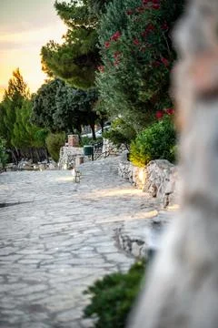 Stone paved path descending through mediterranean vegetation during sunset,.. Foto stock