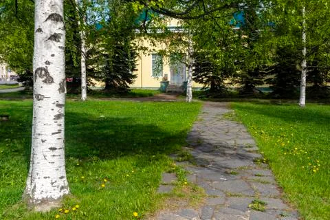 Stone-paved path to small yellow house among birches and firs Stock-Fotos