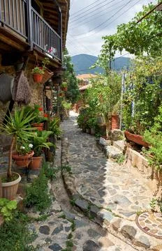 The stone paved street of the old Kakopetria surrounded by flowers. Nicosi... Stock Photos