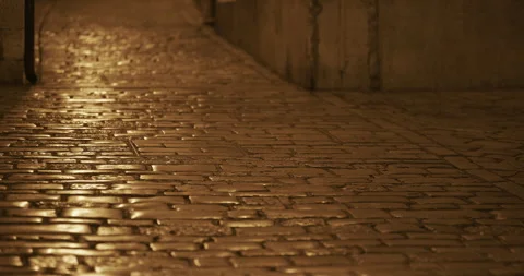 Stone pavement reflecting street light at night Stock-Footage 333778754