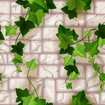 Stone pavement seamless pattern, old brick wall texture, green ivy leaves Stock Illustration
