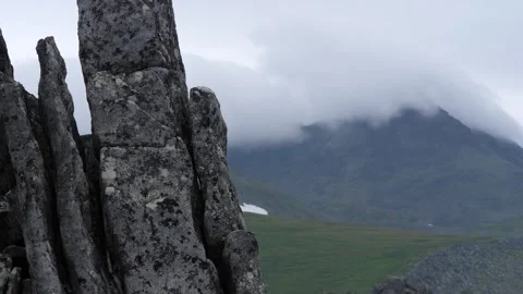 Stone pillars and mountain on the background. Ural mountain Stock Footage 269564949