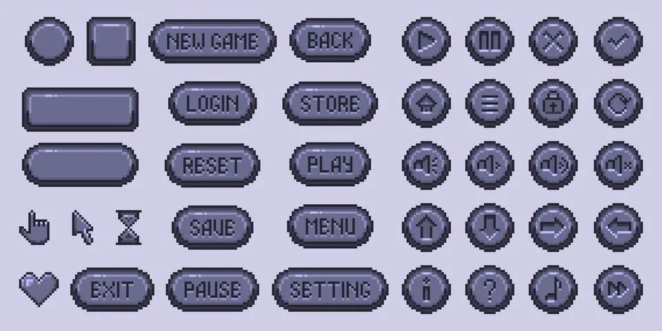 Stone pixel game button collection Stock Illustration