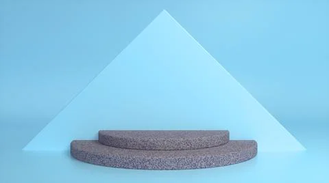 Stone podium on blue abstract triangular background. Blank showcase mockup wi Illustrazione stock