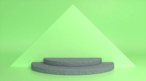 Stone podium on green abstract triangular background. Blank showcase mockup w Illustrazione stock