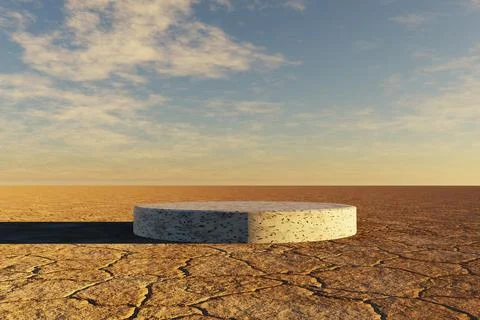Stone podium over arid desert and cloudy sky. 3d render 스톡 일러스트