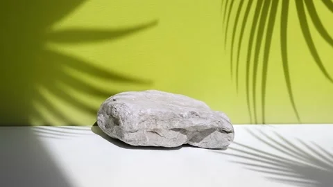 Stone podium, palm leaf shadow on Trendy summer green color background. Stock Footage 193419997