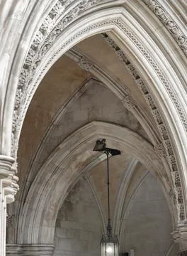 The stone pointed arches, ribbed vaults, and flying buttresses, which are c.. Stock Photos