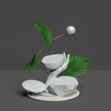 Stone product display background, abstract hand sculpture, stones and palm le Illustrazione stock