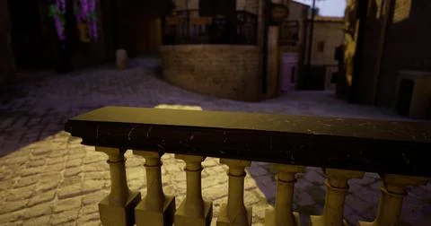 Stone railing overlooking a tranquil cobblestone street at dusk Illustrazione stock