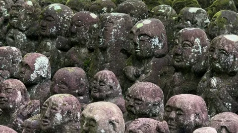 Stone rakan disciples of Buddha statues Otagi Nenbutsu-ji Temple Arashiyama Stock Footage 344554825