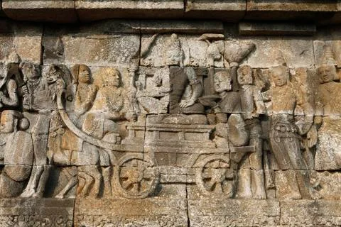 Stone relief Buddhist temple complex Borobudur Yogyakarta Java Indonesia Asia Stock Photos
