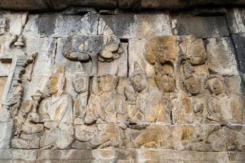 Stone relief Buddhist temple complex Borobudur Yogyakarta Java Indonesia Asia Fotos de archivo