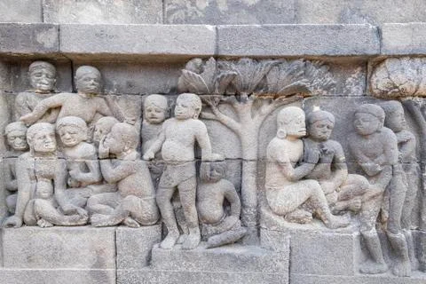 Stone relief Buddhist temple complex Borobudur Yogyakarta Java Indonesia Asia Stock Photos