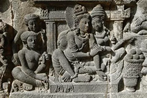 Stone relief Hindu temple complex Prambanan Yogyakarta Java Indonesia Asia Stock Photos