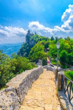 Stone road to Seconda Torre La Cesta Republic San Marino second fortress towe Stock Photos