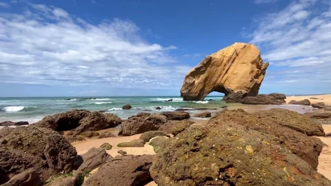 Stone rock at ocean side beach in a summer day. Stock Footage 249955148