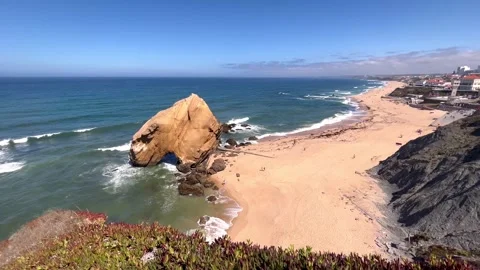 Stone rock at ocean side beach in a summer day. Santa Cruz beach Stock Footage 286971894