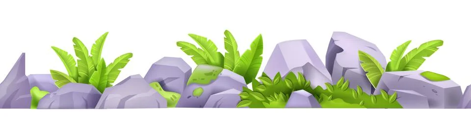 Stone rock seamless vector border, banana leaves, tropical bushes イラスト素材