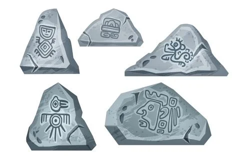 Stone rock vector cartoon set maya tribal symbol collection isolated on white Stock Illustration