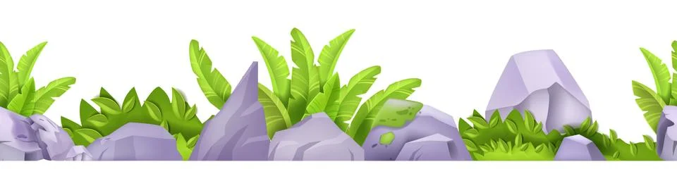 Stone rock vector seamless border, jungle boulders gray tropical frame 스톡 일러스트