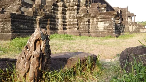 Stone ruins lying on the ground of Angkor Wat Temple in Cambodia. Stock Footage 105879701