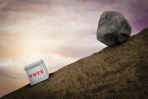 Stone runs down ready to hit a voting box demonstrating Election risk. 3D ill Stock Illustration