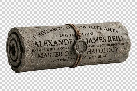 Stone scroll diploma from university for master of archaeology award gradua.. Stock Illustration