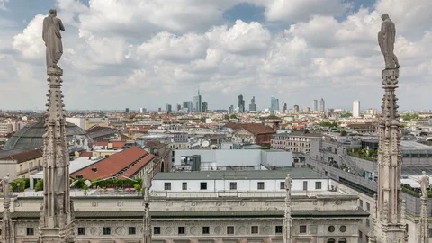 Stone sculptures and Gothic spires on the top of the Doumo di Milano. Stock Footage 88314488