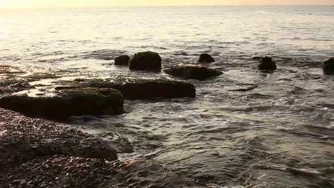 Stone in sea with wave on sunset time Stock Footage 75439638