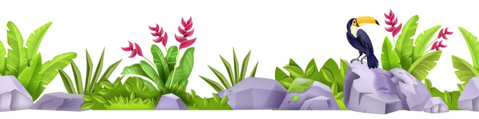 Stone seamless vector border, tropical exotic jungle rainforest rocks, toucan 스톡 일러스트