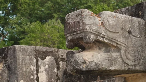 Stone Serpent Head of Mayan Temple Ruin Stock Footage 311831642
