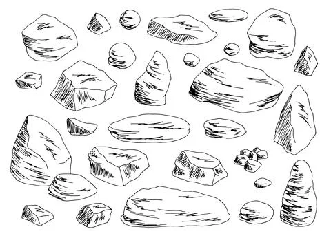 Stone set small rocks isolated graphic black white sketch illustration vector Stock Illustration