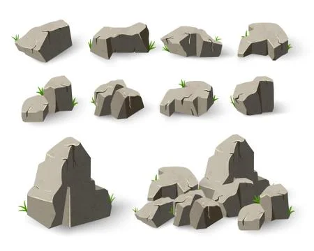 Stone set in style cartoon. Set of different boulders. Element gray granite m Stock Illustration