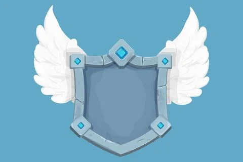 Stone shield, frame with gemstones and wings game reward board in cartoon style Stock Illustration