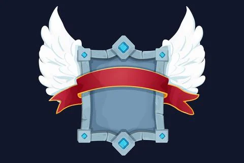 Stone shield, frame with gemstones, award ribbon and wings game victory board in Stock Illustration