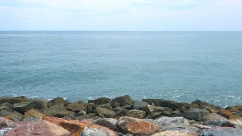 Stone shore beach with ocean coast  sea wave Stock Footage 113553717