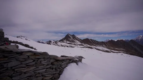 Stone shrine and chorten structure standing on a vast snow covered high Vídeos de archivo 344181661