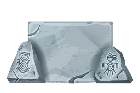 Stone sign board, vector Aztec carton rock game block, gray cracked panel Stock Illustration
