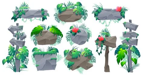 Stone signboards in jungle, pointers and panels Stock Illustration